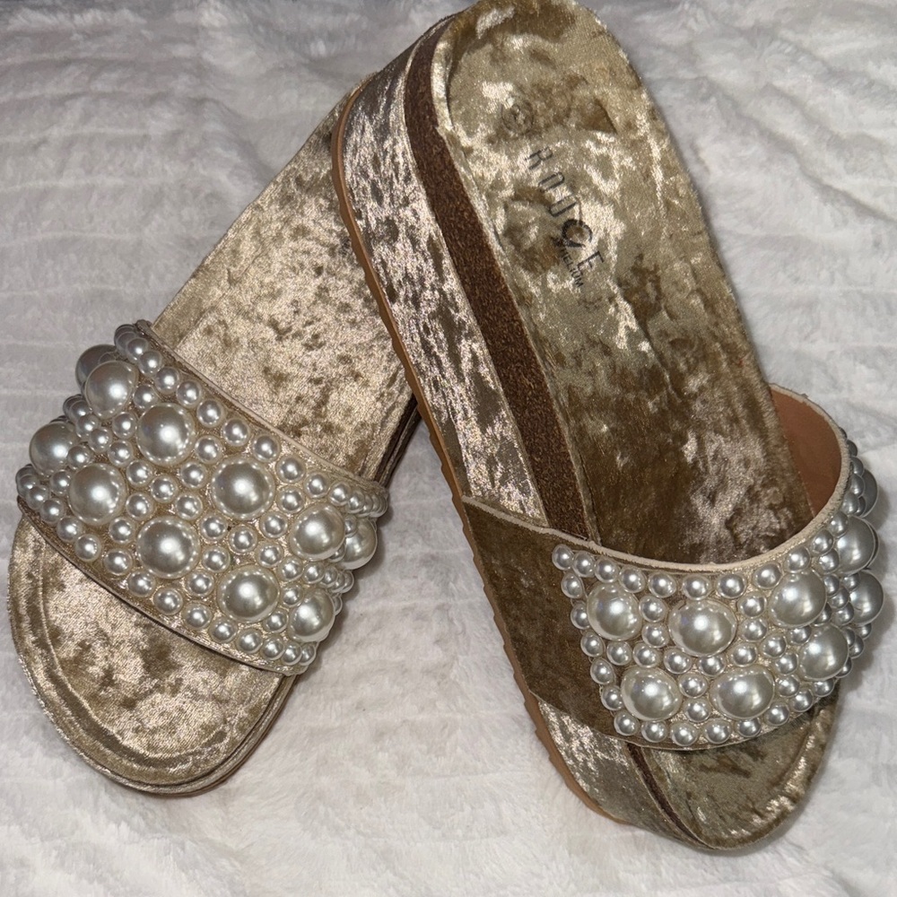 Gold Velvet Sandals with Pearl Embellishments